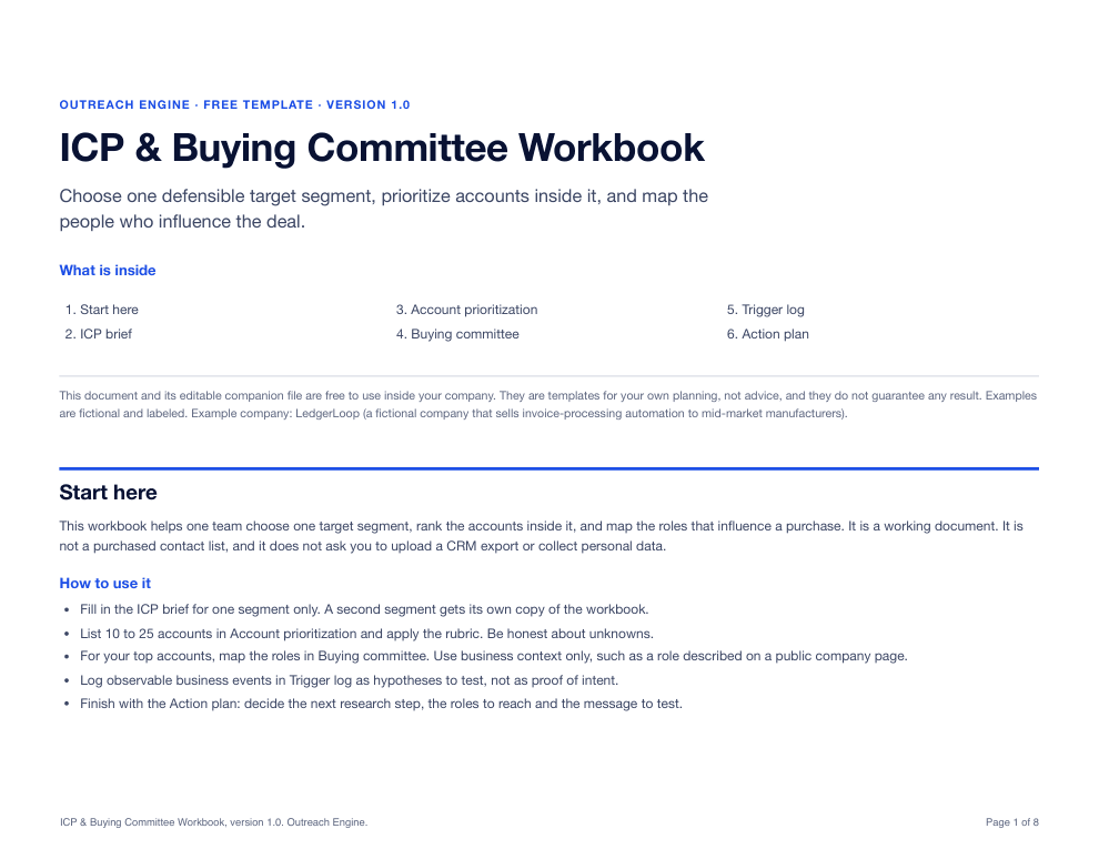 First page of the ICP & Buying Committee Workbook PDF, showing the title and the Start here instructions.