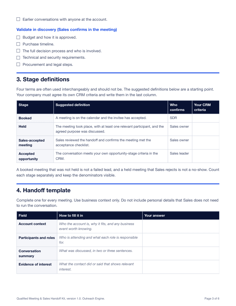 A page of the meeting kit PDF showing the stage definitions table and the start of the handoff template.